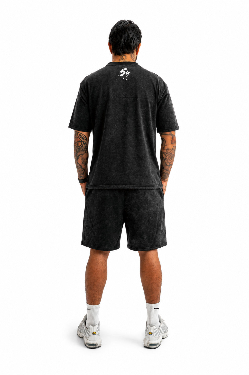 Black acid-washed short set