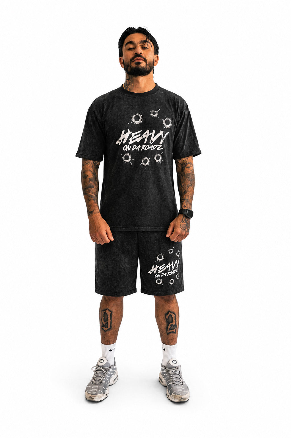 Black acid-washed short set