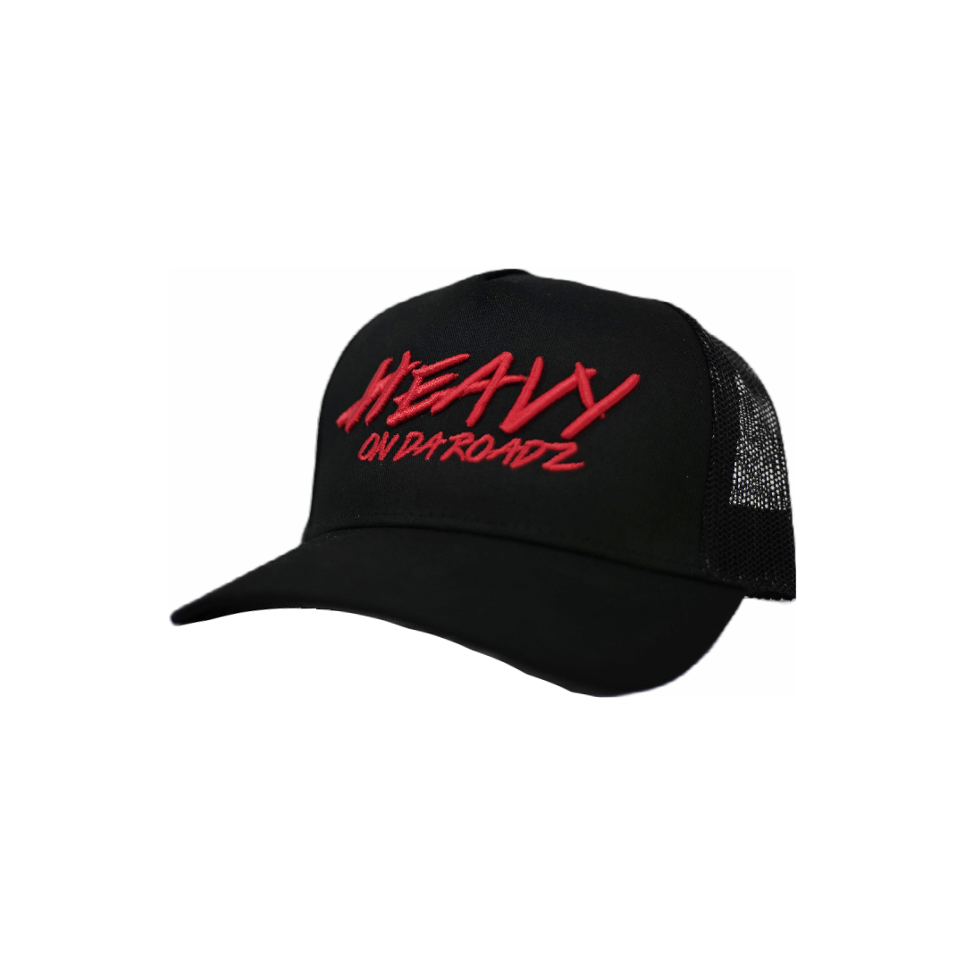 Black Trucker Hat with Red Logo